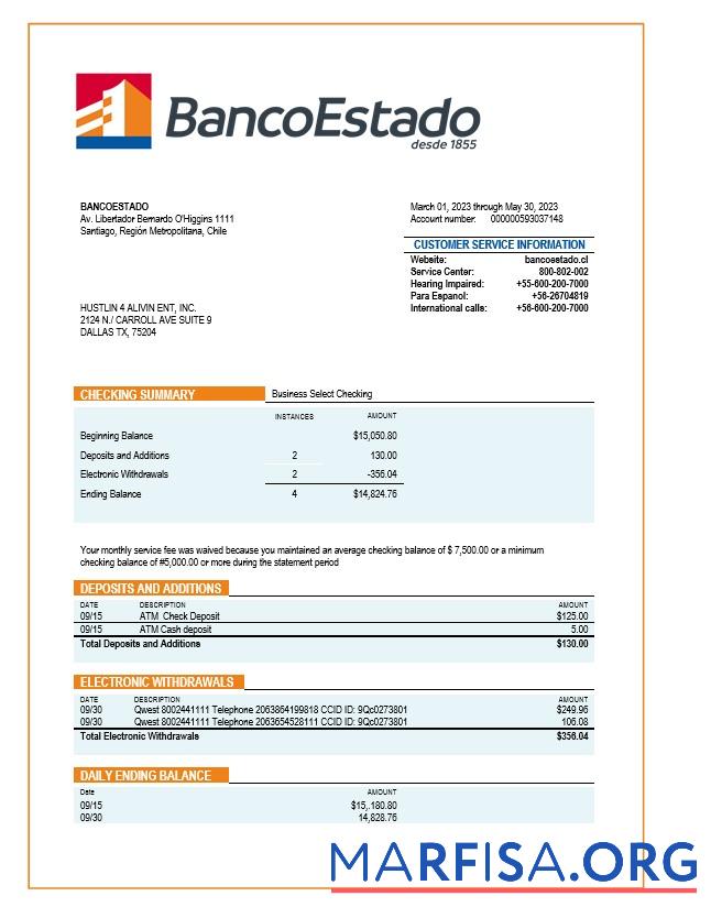 Downloadable Banco del Estado de Chille organization statement Word and PDF template